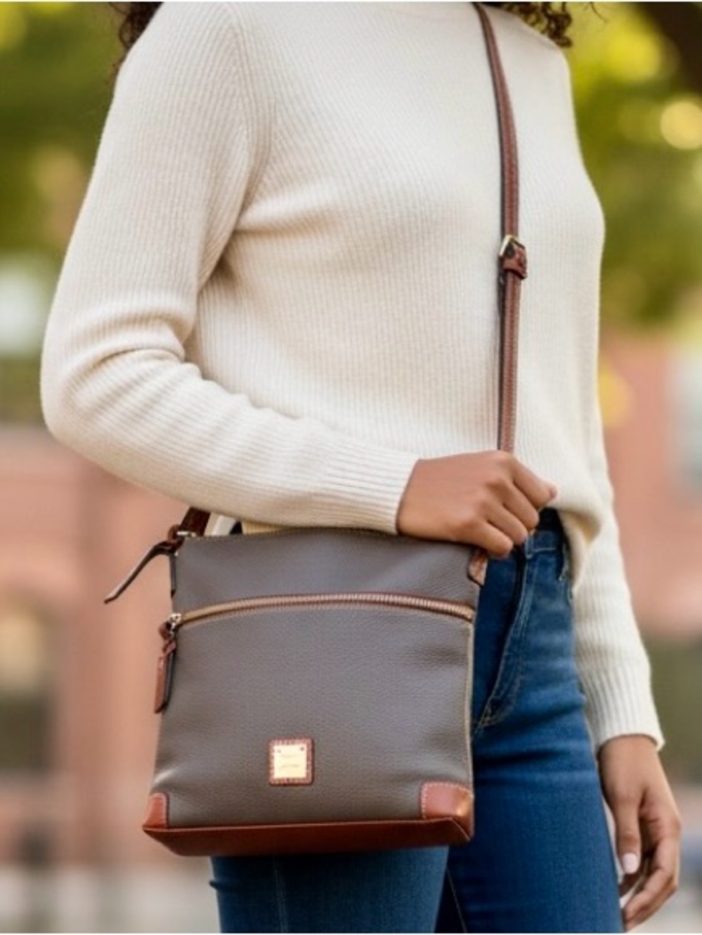 Dooney & Bourke Pebble Grain Crossbody Bag Elephant Grey & British Tan Leather